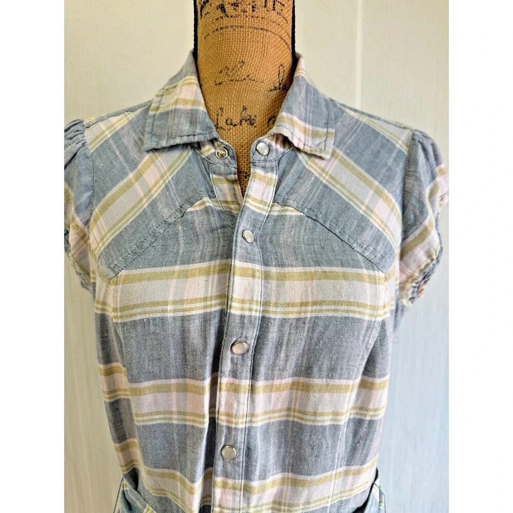Buffalo David Bitton Plaid Shirt Dress Belted Snap Front Blue Beige Women's S